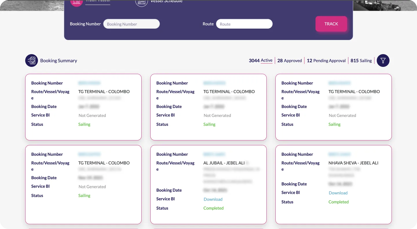Booking summary cards with route, dates and status