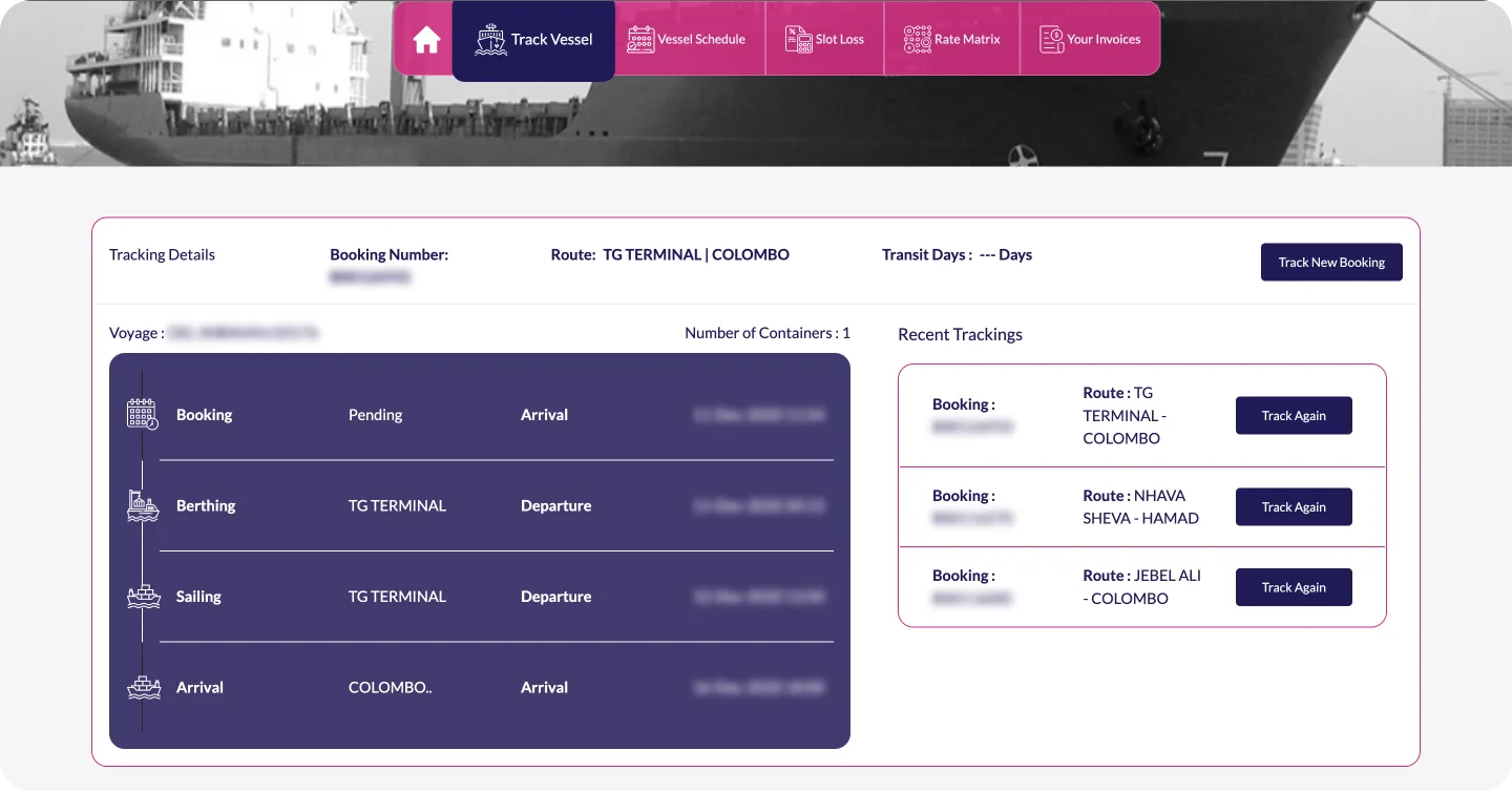 Tracking view showing booking, berthing, sailing and arrival