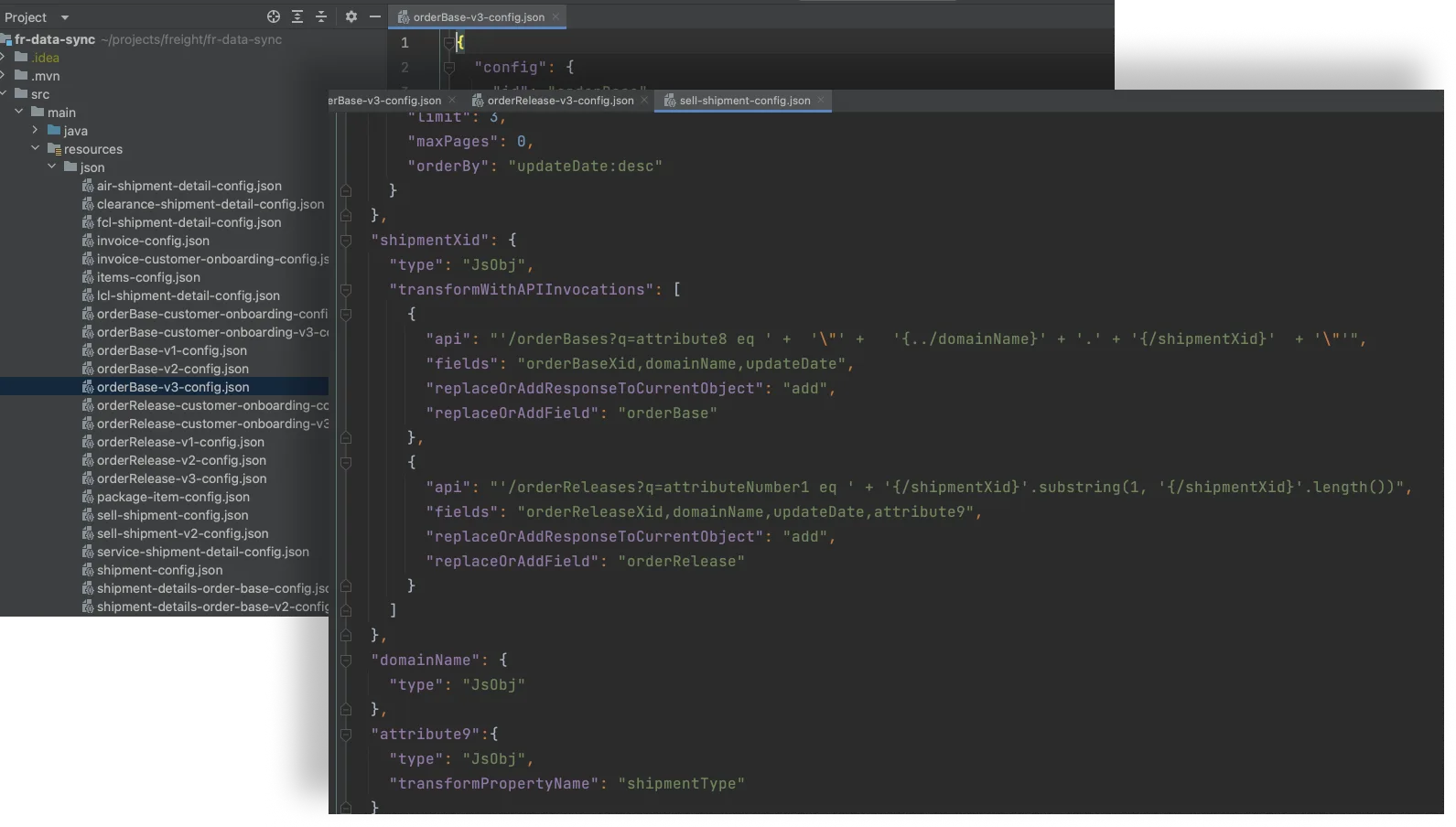 JSON configuration that maps OTM API fields to the portal
