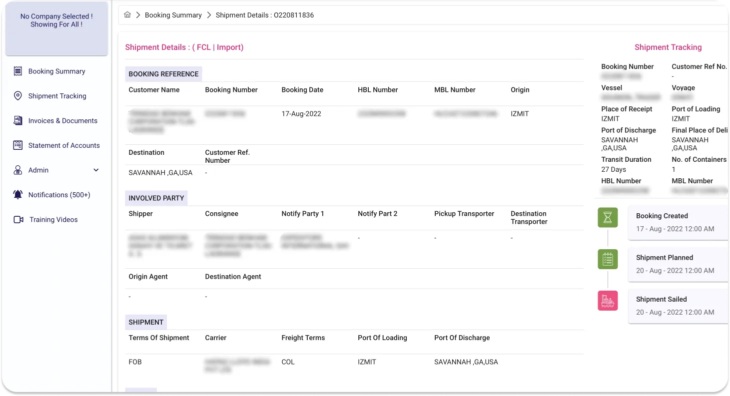 Shipment details screen with parties, routing and milestones