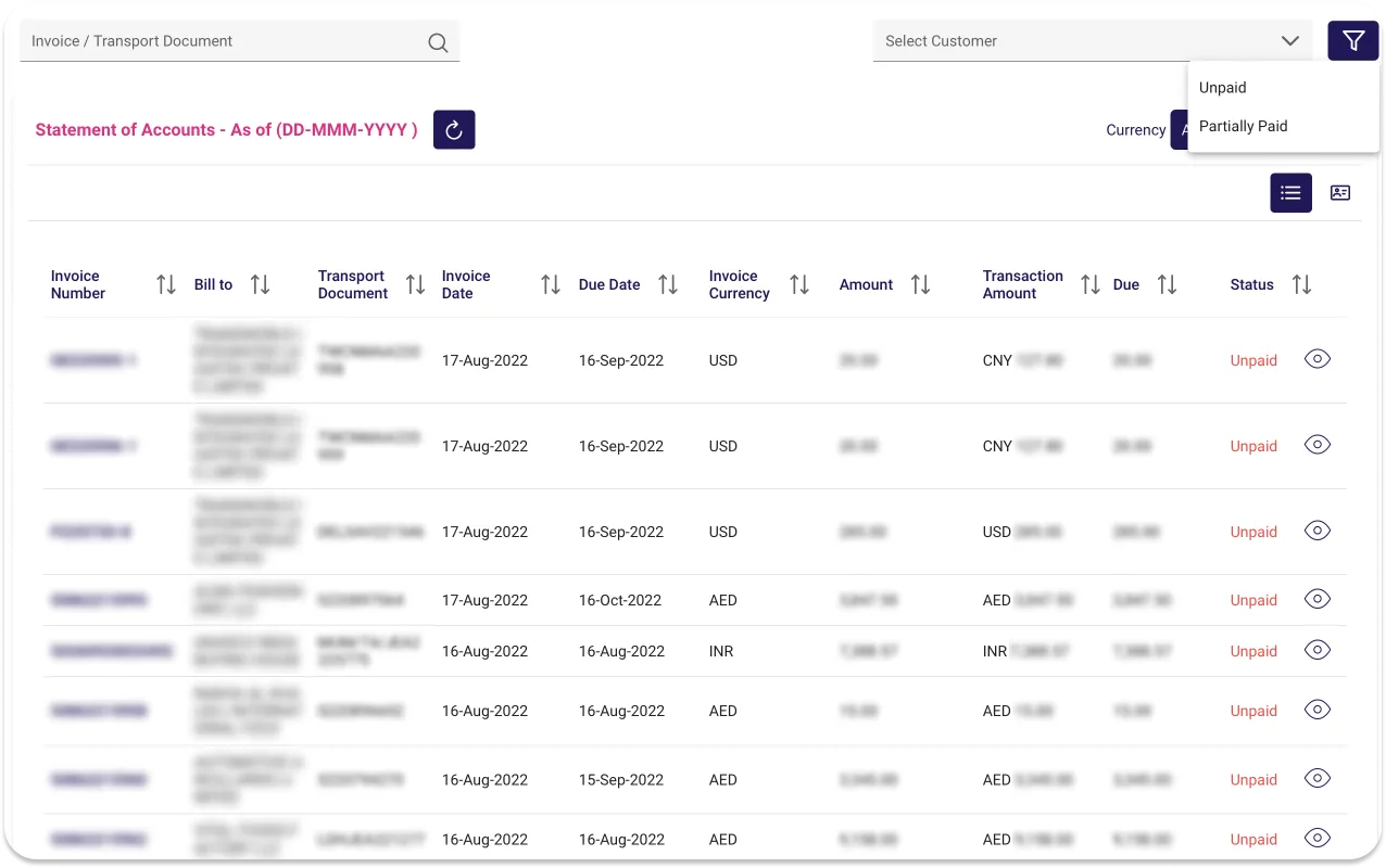Statement of accounts with invoices, currencies and payment status
