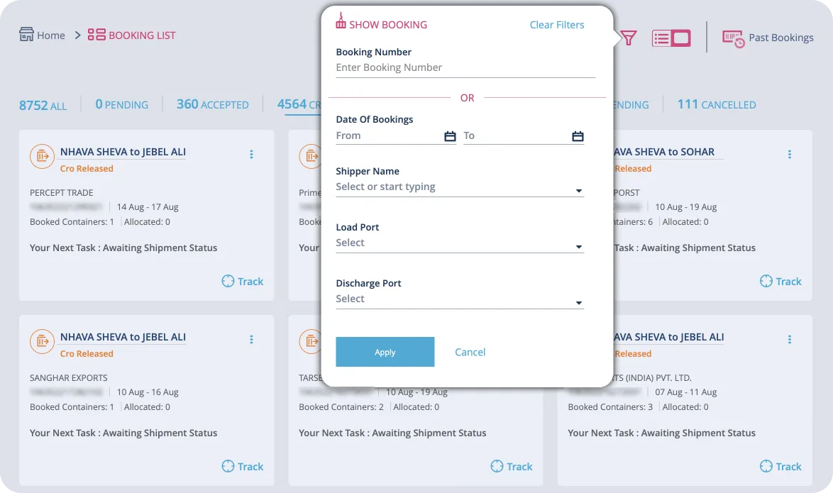 Booking list with status counts and a filter panel