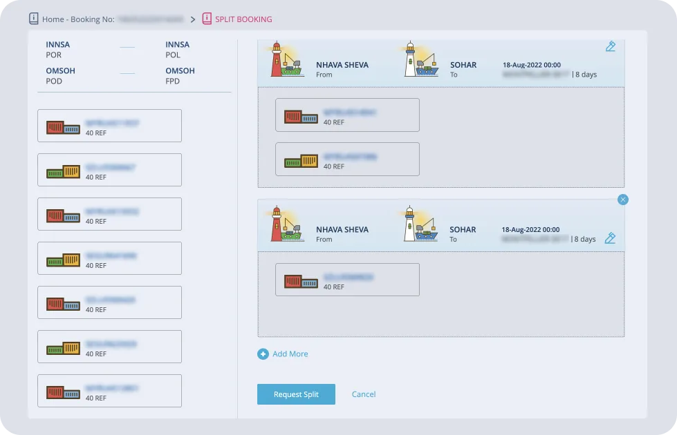 Split booking screen allocating containers to separate bookings