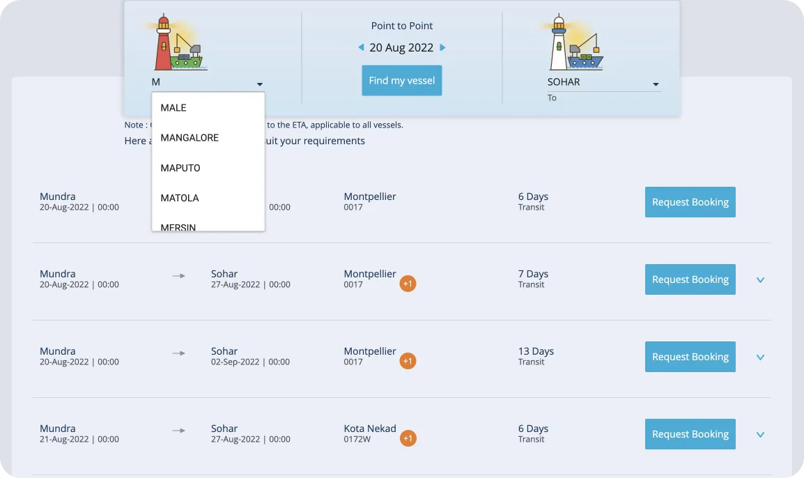 Vessel schedule search results with request booking buttons